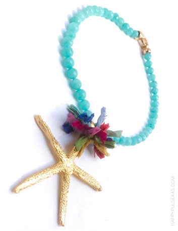 jewelry online madrid collar piedras naturales con estrella mar dorada y pompón de seda de colores. Azul turquesa
