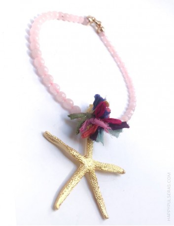 jewelry online madrid collar piedras naturales con estrella mar dorada y pompón de seda de colores. Rosa palo