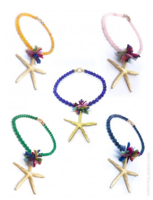 jewelry online madrid collar piedras naturales con estrella mar dorada y pompón de seda de colores. Colores disponibles