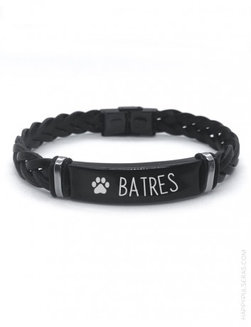 regalo para hombre personalizado, pulsera de cuero trenzada en titanio negro con nombre mascota