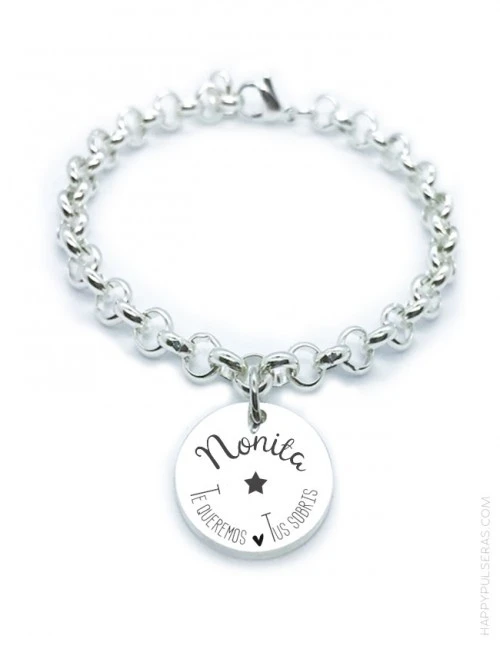 pulsera de rolo con medalla de 20 mm. para grabar una dedicatoria con diseño. Te lo diseñamos nosotros.