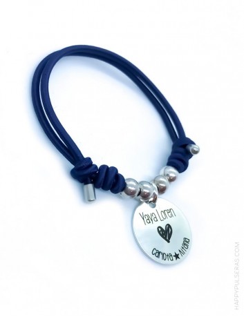 Pulsera personalizada elástica con medalla plata grabada para la abuela- azul marino