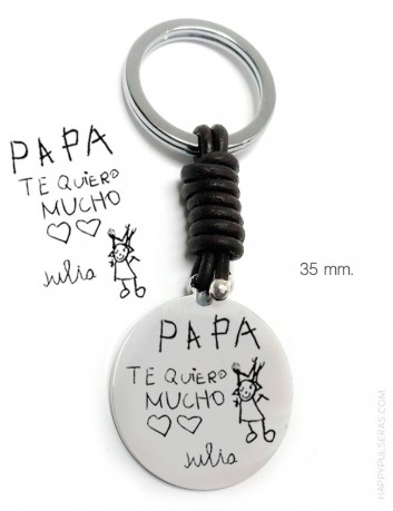 llavero personalizado para papá de acero y cuero grabado con un dibujo hecho a mano