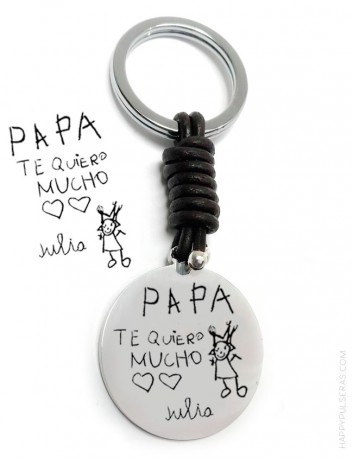 idea de regalo para papá: llavero de acero y cuero grabado con el dibujo de tu hijo! Happypulseras