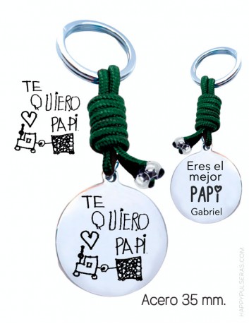 Llavero personalizado para papá en verde botella con dibujo grabado de tu hijo. Happypulseras Madrid - Valladolid