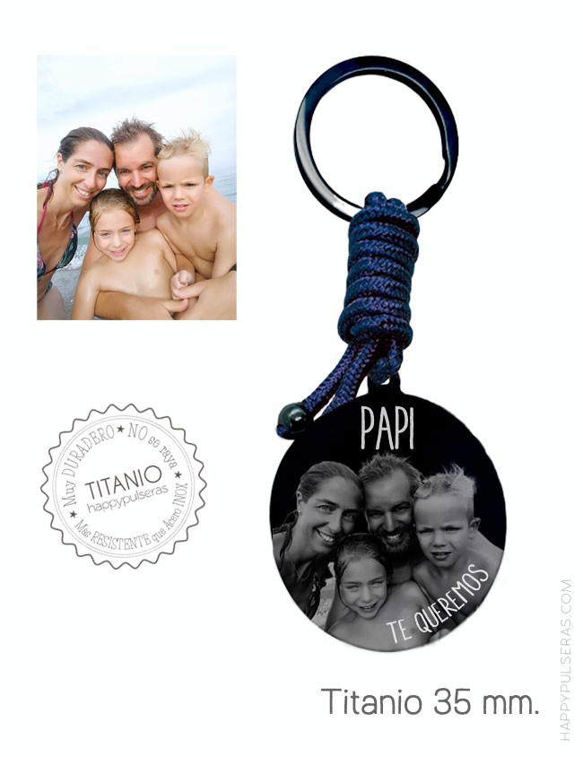 llavero personalizado para papá grabado con una foto de familia- Azul marino y titanio