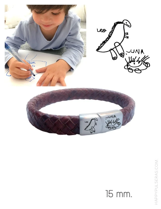 pulsera de cuero y acero para grabar en cierre el dibujo de un niño o escrito a mano. Happypulseras pulsera de cuero y acero para grabar en cierre el dibujo de un niño o escrito a mano. Happypulseras