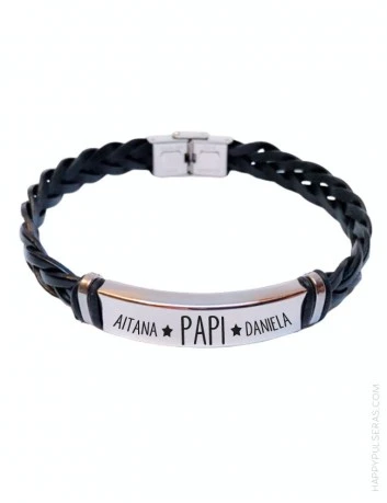 Regala a  papá una pulsera de cuero trenzado en color negro grabada con vuestros nombres- Happypulseras.com