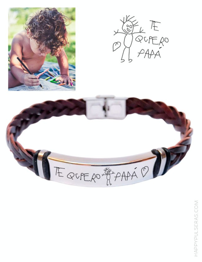 Pulsera de cuero y acero personalizada para papá. Regalos originales con sentimiento, Happypulseras.com