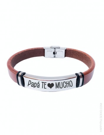 Pulsera personalizada papá de cuero liso con grabado de texto. happypulseras.com