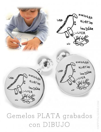 Gemelos de plata personalizados con el dibujo de tu hijo, regalos originales para papá en happypulseras.
