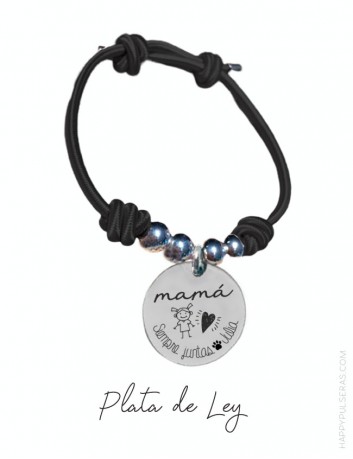 pulsera para mamá de plata grabada con dedicatoria. Elástico negro y plata- happypulseras