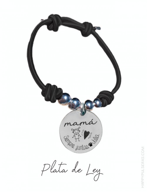 pulsera para mamá de plata grabada con dedicatoria. Elástico negro y plata- happypulseras