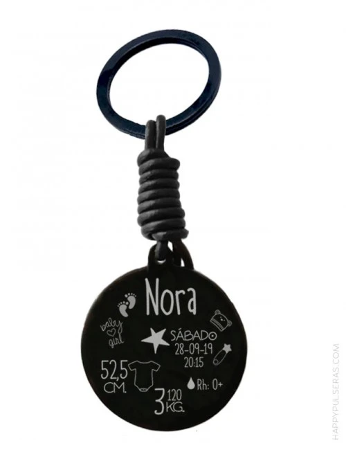 llavero con los datos de nacimiento del bebé- Diseño personalizado de Happypulseras.com