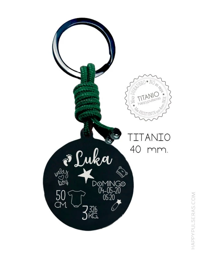 Llavero de acero negro con los datos del bebé. Elige el color. Happypulseras. Llavero de acero negro con los datos del bebé. Elige el color. Happypulseras.