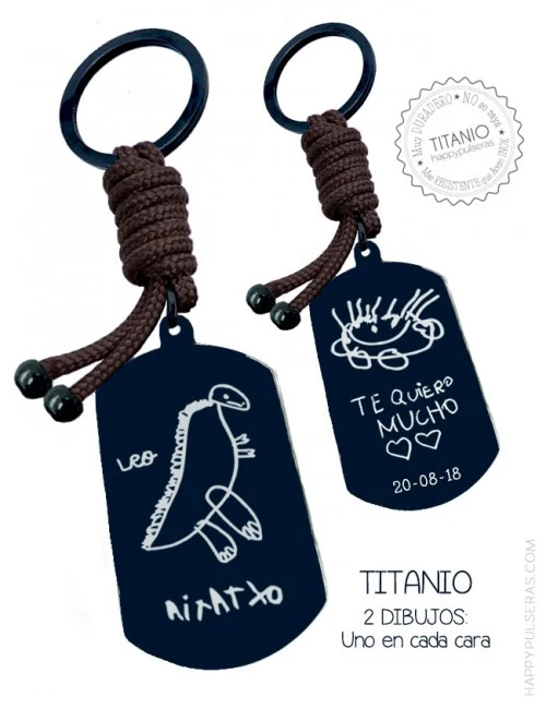 Llavero medalla negra con cordón marrón chocolate grabado dibujos de niños o escritos a mano. Happypulseras