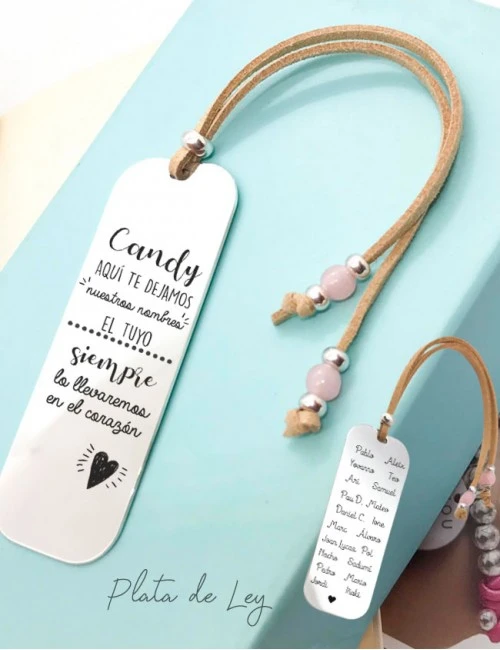 Marcapáginas de plata y cuero personalizado para profesor con dedicatoria y nombres. Happypulseras