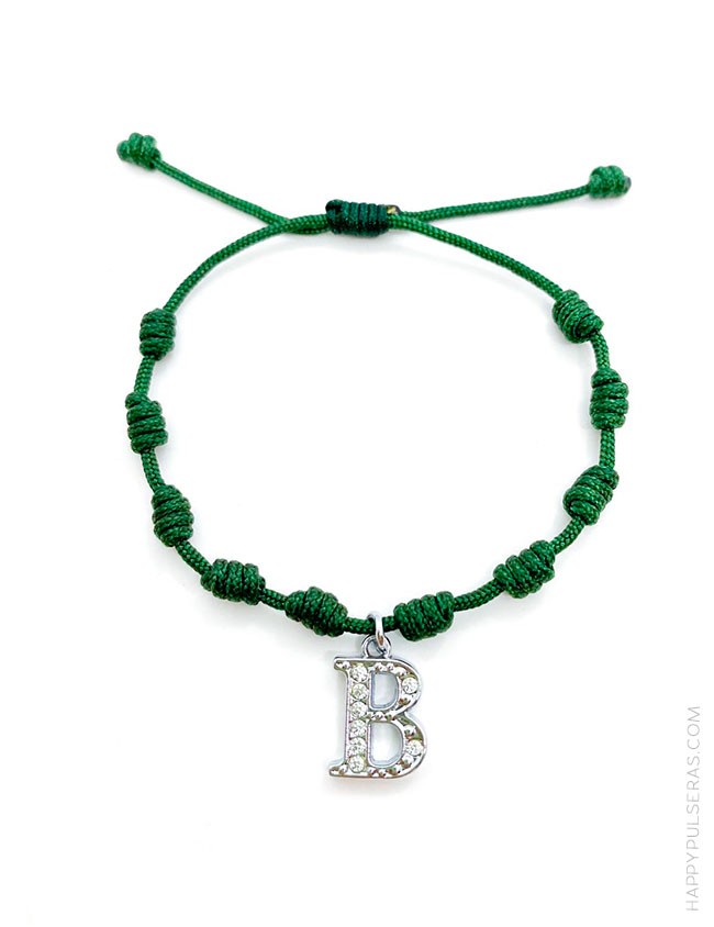 Pulsera amuleto con nudos de la suerte en color verde botella y con la inicial B, Super oferta en Happypulseras