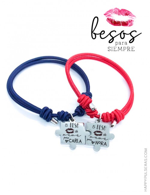 Pulsera puzzle grabada BESOS con elástico de colores, 2 pulseras a juego de hermanas- Happypulseras