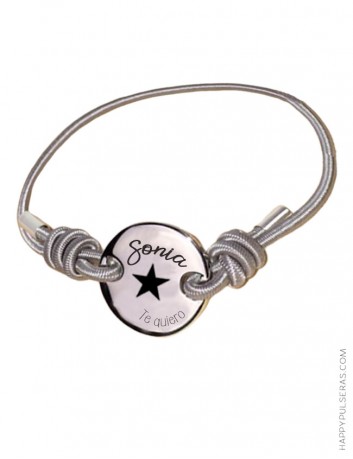 Pulsera elástica con medalla de acero blanco para grabar lo que quieras- Detalles personalizados ideales en Happypulseras