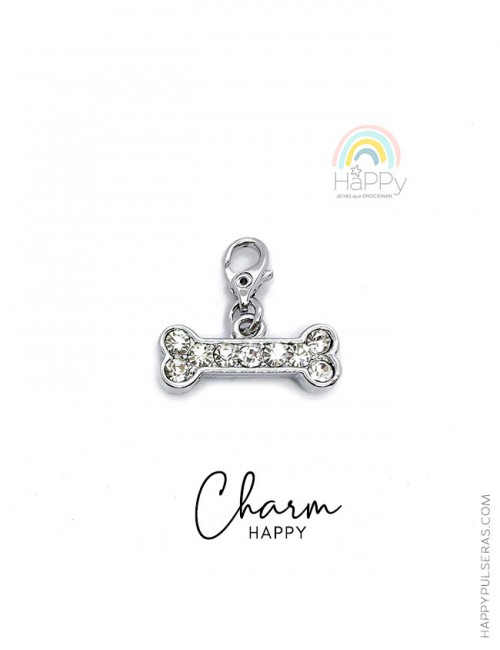 Charm Happy de acero y circonitas blancas con forma de hueso para decorar tus pulseras- Happy