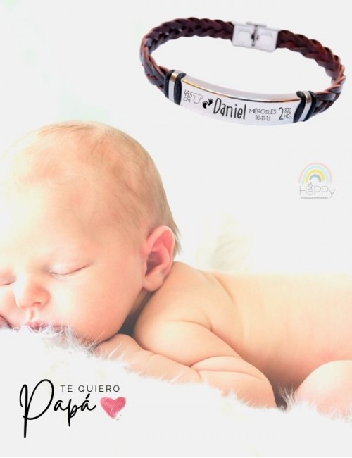 Pulsera de cuero trenzada grabada con datos de nacimiento del bebé. Regalos para papá en Happy