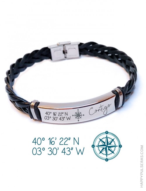 Regala una pulsera de cuero con las coordenadas que quieras, puedes añadir texto. Grabados originales en Happy.