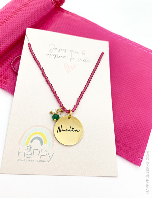 Collar rosa con medalla personalizada con el mensaje que quieras- Top ventas Happypulseras