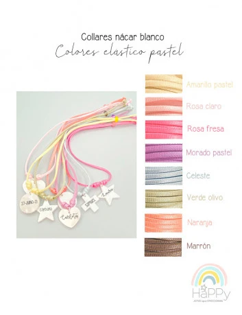Elige los colores en tono pastel para el cordón de tu collar personalizado con colgante de nácar en blanco. Happypulseras