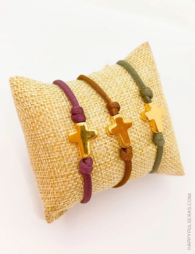 Pulsras cruz acero dorado o plateado con elástico seda- Happy pulseras