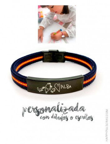 Pulsera elástica azul marino y bandera de España con medalla de titanio para grabar un dibujo o escrito a mano- happypulseras