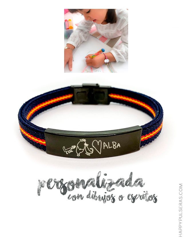 Pulsera elástica azul marino y bandera de España con medalla de titanio para grabar un dibujo o escrito a mano- happypulseras