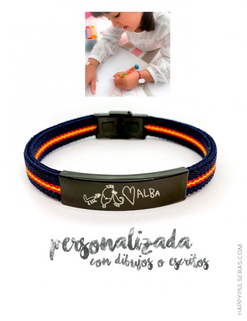 Pulsera elástica azul marino y bandera de España con medalla de titanio para grabar un dibujo o escrito a mano- happypulseras