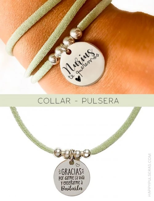 Collar -pulsera con cordón elástico seda y medalla de plata grabada con el mensaje que quieras. Grabado gratis