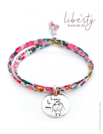 Pulsera de tela flores liberty en color rosa chicle con medalla de plata de ley - grabado dibujos- Happypulseras