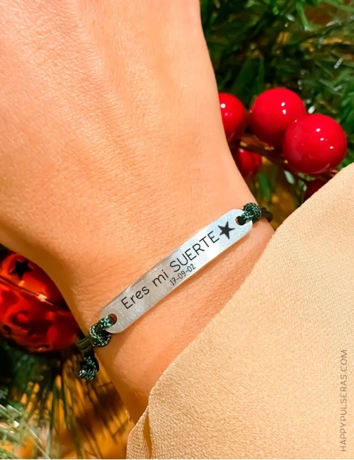 Pulsera de cuerda con medalla alargada estrecha de acero para poner tu mensaje- Happypulseras