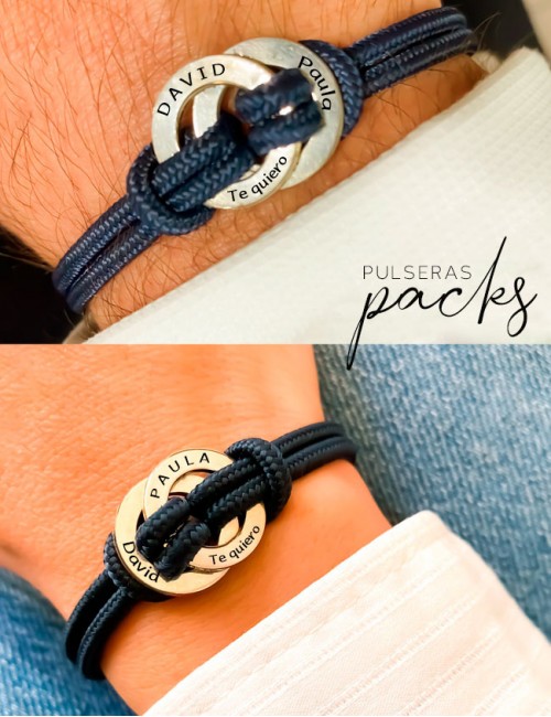 Pack pulseras de plata maciza grabadas con el mensaje que quieras- Cordón nautico- Happypulseras