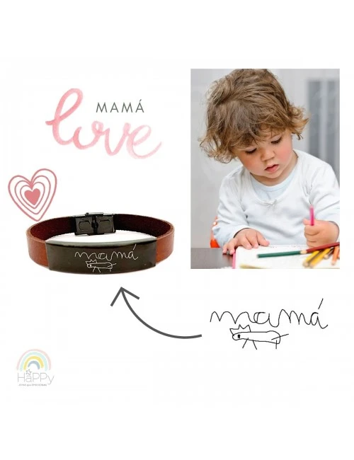 Pulsera cuero personalizada grabada con el nombre de tu hijo escrito por él mismo- Grabados con escritos  a mano- Happypulseras