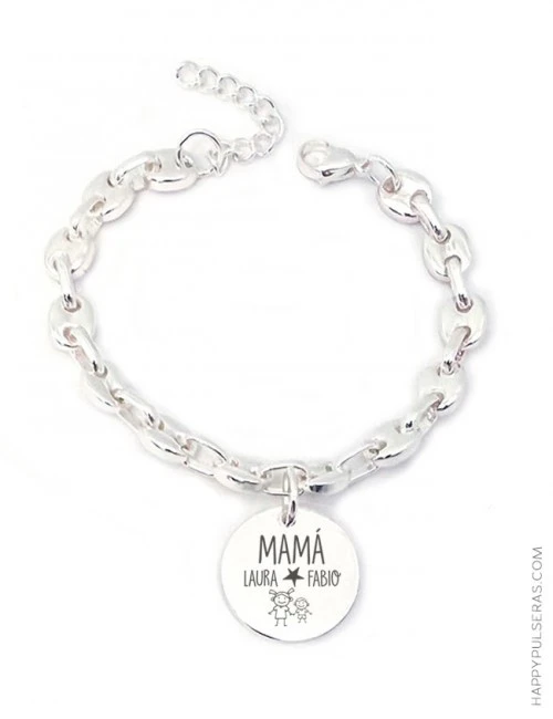 Pulsera acero blanco plateado cadena calabrote con medalla personalizada con lo que quieras grabar- Happypulseras