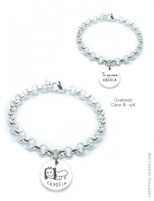 Pulsera de acero blanco con medalla grabada con dibujo o escrito a mano, puedes añadir las medallas que necesites- happypulseras