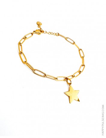 Graba tu inicial en la pulsera estrella con cadena de eslabones alargados dorados - Pulseras originales