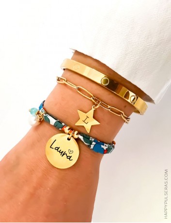 Pack combinación 3 pulseras Happy: Liberty azulona, estrella con inicial y brazalete rígido.