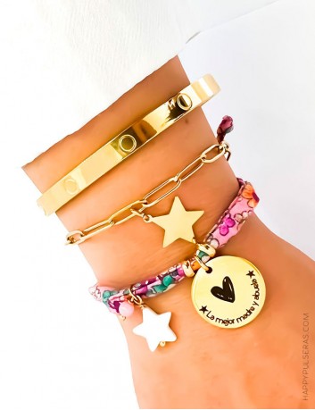 Pack de pulseras Happy con liberty flores tela en color frambuesa, pulsera estrella para inicial y brazalete rígido dorado