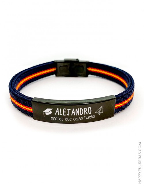 Pulsera elástica azul marino con la bandera de España para profesores grabado con el mensaje que quieras para fin de curso