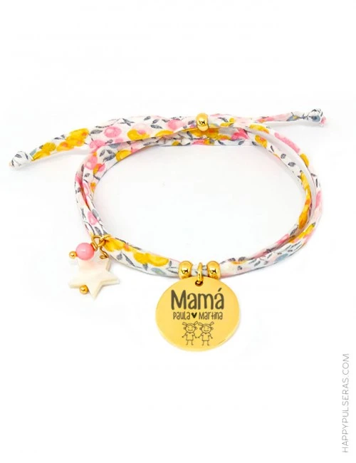 Pulsera tela flores liberty en tonos claros con medalla dorada, grabada y personalizada con tu mensaje