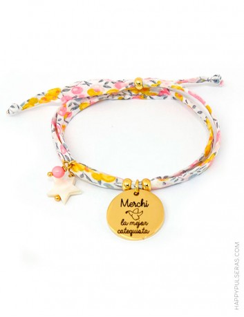 Grabamos tu pulsera de tela flores liberty con medalla personalizada - happypulseras