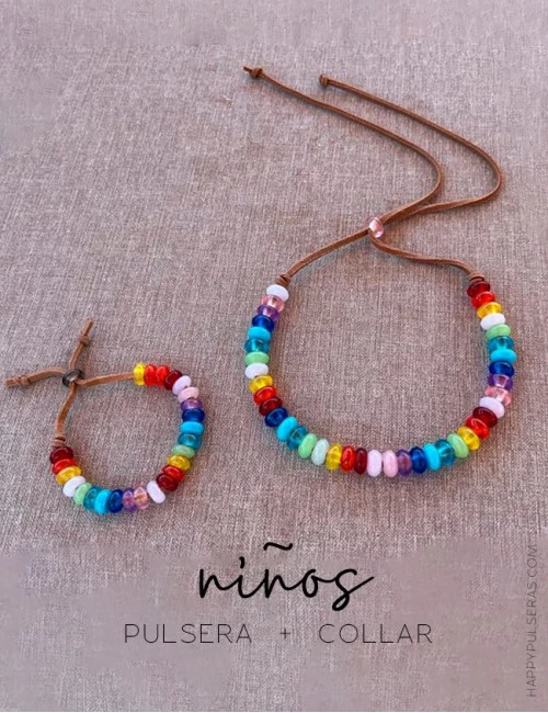 Conjunto de collar y pulsera de cuentas de acrílico de colores, con cinta de cuero plano. Ajustable, para niños y adultos!