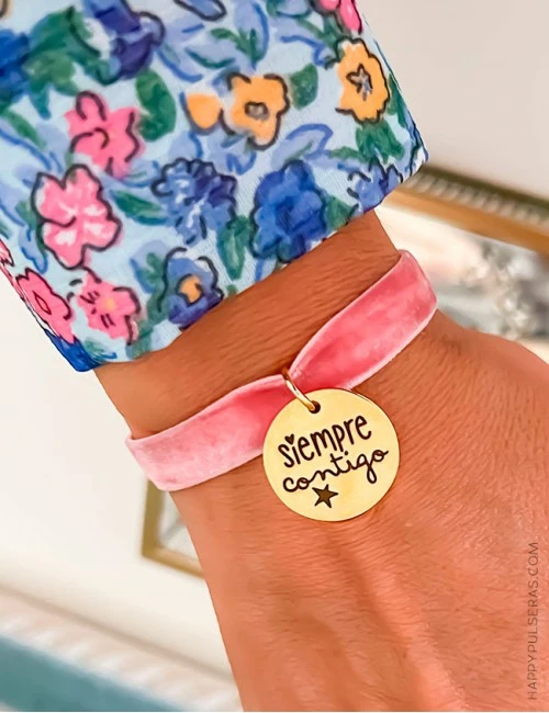 Pulsera cinta terciopleo con medalla dorada personalizada con el mensaje que quieras - Happypulseras