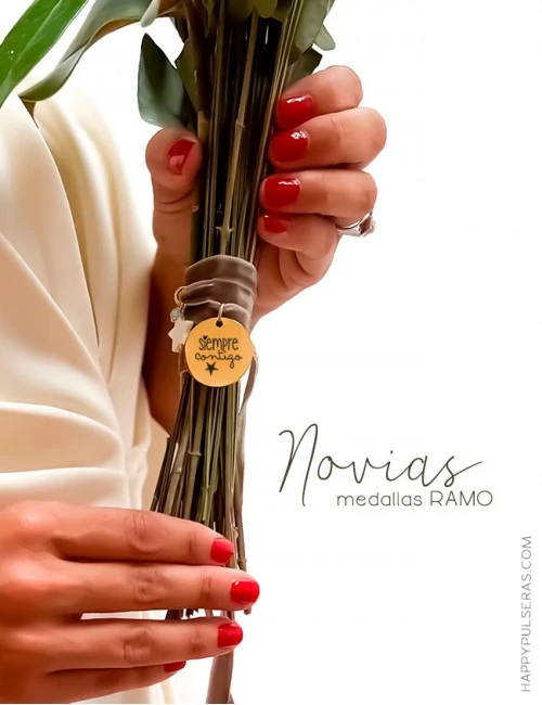 Medalla dorada con cinta de terciopelo topo beige para ramo de novia personalizada con el mensaje que quieras - Happy