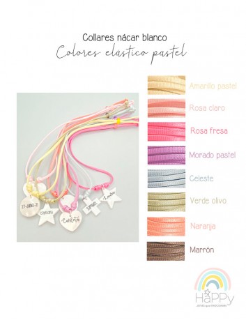 Elige los colores en tono pastel para el cordón de tu collar personalizado con colgante de nácar en blanco. Happypulseras